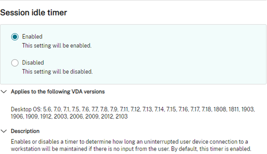 Citrix Policy Settings for Single Session OS - Idle