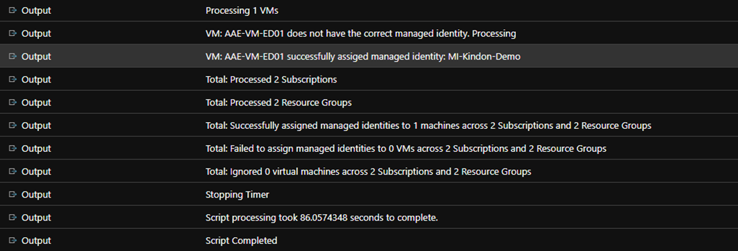 Output assigning a managed identity