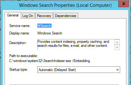 Search Service Properties - Windows Server 2012 R2
