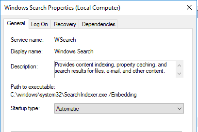 Search Service Properties Windows Server 2016