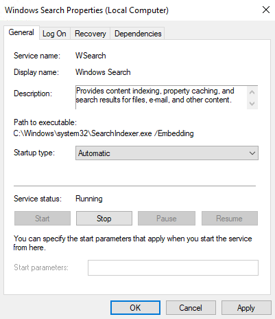 Search Service Properties – Windows Server 2008 R2