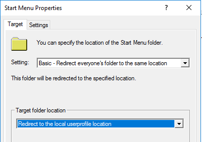 Redirecting the start menu back to local location